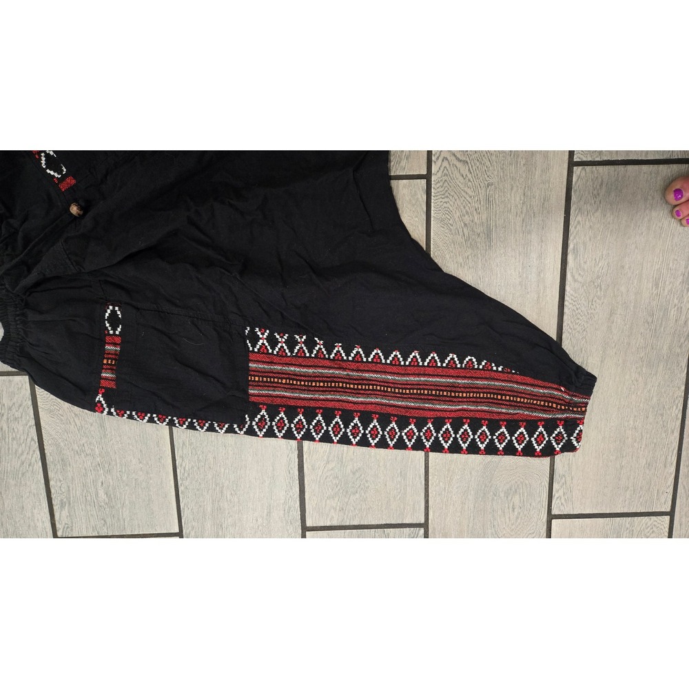 Boho Tribal Embroidered Drop Crotch Harem Pants Black Red Geometric Yoga Joggers - Picture 2 of 8
